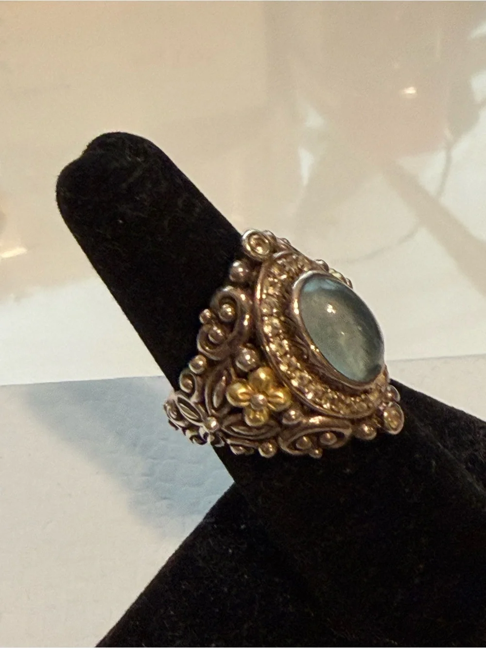 Barbara Bixby sterling and 18k yellow gold sky blue and white topaz ring.